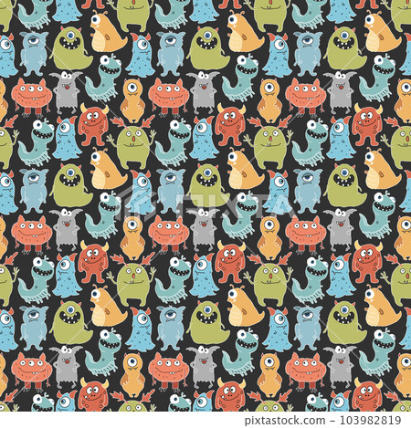 Cute monsters seamless pattern. Cartoon monsters background. Vector illustration 103982819