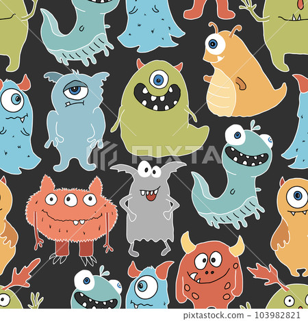 Cute monsters seamless pattern. Cartoon monsters background. Vector illustration 103982821