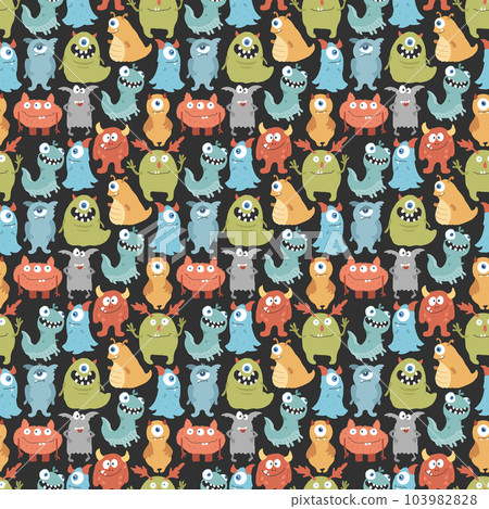 Cute monsters seamless pattern. Cartoon monsters background. Vector illustration Cute monsters seamless pattern. Cartoon monsters background. Vector illustration 103982828