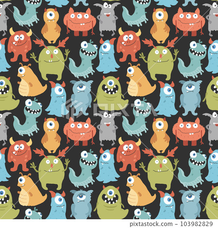Cute monsters seamless pattern. Cartoon monsters background. Vector illustration Cute monsters seamless pattern. Cartoon monsters background. Vector illustration 103982829