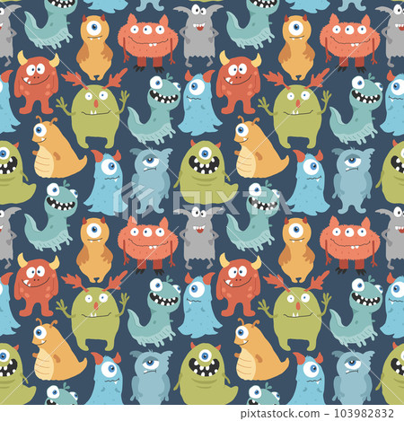 Cute monsters seamless pattern. Cartoon monsters background. Vector illustration 103982832