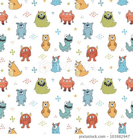 Cute monsters seamless pattern. Cartoon monsters background. Vector illustration 103982947