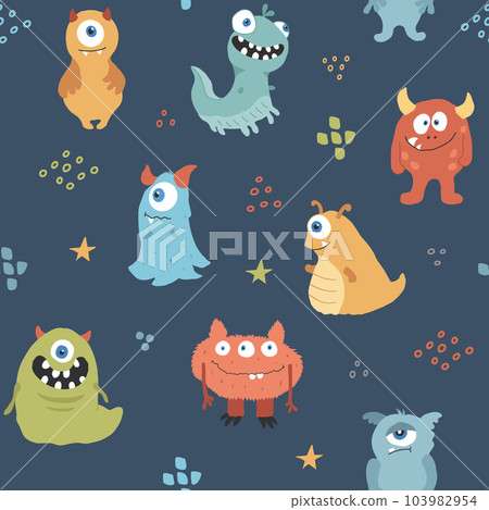 Cute monsters seamless pattern. Cartoon monsters background. Vector illustration 103982954