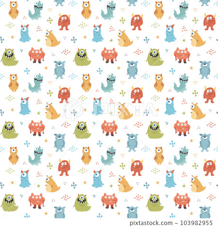 Cute monsters seamless pattern. Cartoon monsters background. Vector illustration 103982955