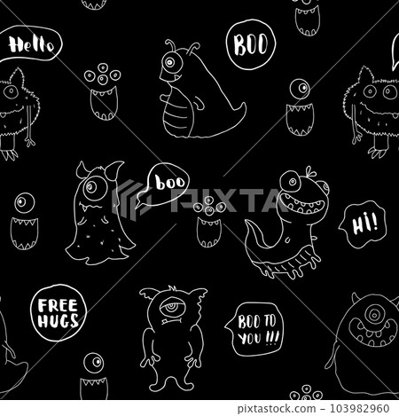 Cute monsters seamless pattern. Cartoon monsters background. Vector illustration Cute monsters seamless pattern. Cartoon monsters background. Vector illustration 103982960