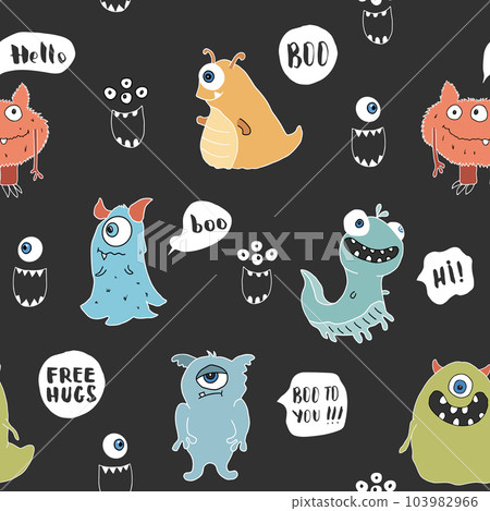 Cute monsters seamless pattern. Cartoon monsters background. Vector illustration Cute monsters seamless pattern. Cartoon monsters background. Vector illustration 103982966