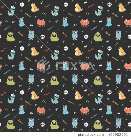 Cute monsters seamless pattern. Cartoon monsters background. Vector illustration 103982991