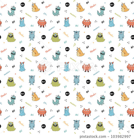 Cute monsters seamless pattern. Cartoon monsters background. Vector illustration Cute monsters seamless pattern. Cartoon monsters background. Vector illustration 103982997