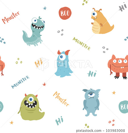 Cute monsters seamless pattern. Cartoon monsters background. Vector illustration 103983008