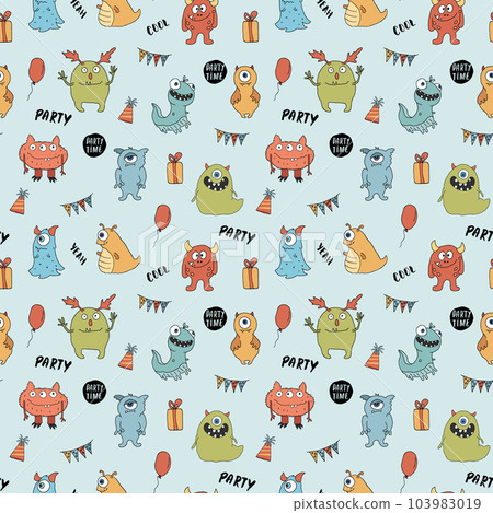 Cute monsters seamless pattern. Cartoon monsters background. Vector illustration 103983019
