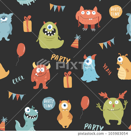 Cute monsters seamless pattern. Cartoon monsters background. Vector illustration 103983054