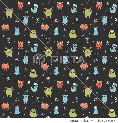 Cute monsters seamless pattern. Cartoon monsters background. Vector illustration 103983067
