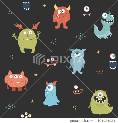 Cute monsters seamless pattern. Cartoon monsters background. Vector illustration 103983083