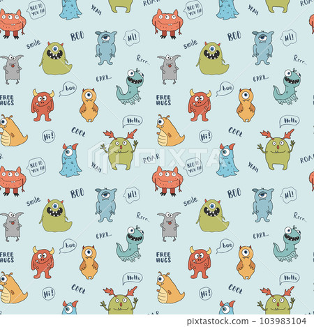 Cute monsters seamless pattern. Cartoon monsters background. Vector illustration 103983104