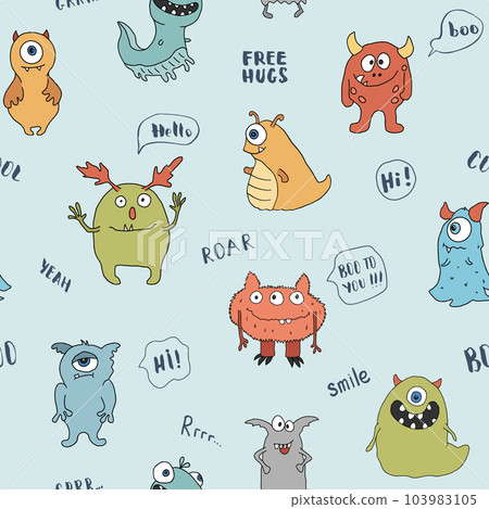 Cute monsters seamless pattern. Cartoon monsters background. Vector illustration 103983105