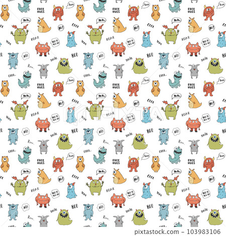 Cute monsters seamless pattern. Cartoon monsters background. Vector illustration 103983106