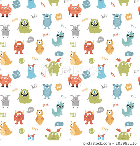 Cute monsters seamless pattern. Cartoon monsters background. Vector illustration 103983116