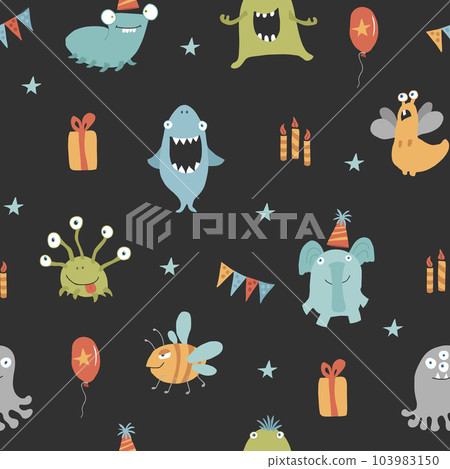 Cute monsters seamless pattern. Cartoon monsters background. Vector illustration 103983150
