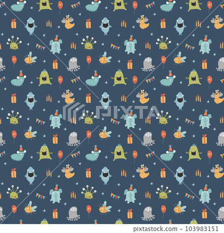 Cute monsters seamless pattern. Cartoon monsters background. Vector illustration 103983151