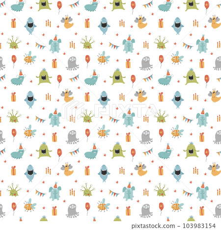 Cute monsters seamless pattern. Cartoon monsters background. Vector illustration 103983154