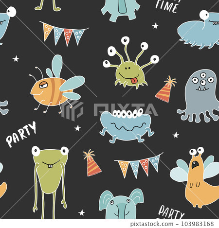 Cute monsters seamless pattern. Cartoon monsters background. Vector illustration Cute monsters seamless pattern. Cartoon monsters background. Vector illustration 103983168