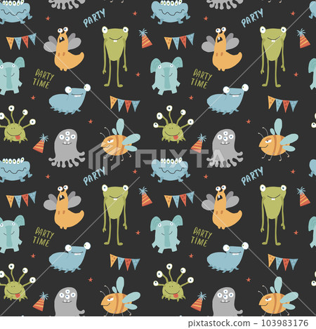 Cute monsters seamless pattern. Cartoon monsters background. Vector illustration 103983176