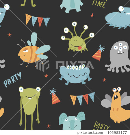 Cute monsters seamless pattern. Cartoon monsters background. Vector illustration Cute monsters seamless pattern. Cartoon monsters background. Vector illustration 103983177