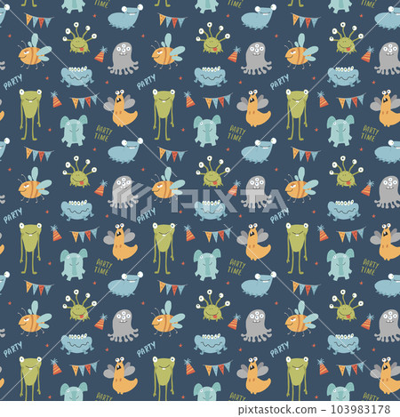 Cute monsters seamless pattern. Cartoon monsters background. Vector illustration 103983178