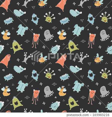 Cute monsters seamless pattern. Cartoon monsters background. Vector illustration 103983216