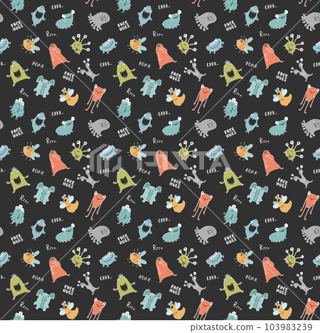 Cute monsters seamless pattern. Cartoon monsters background. Vector illustration Cute monsters seamless pattern. Cartoon monsters background. Vector illustration 103983239