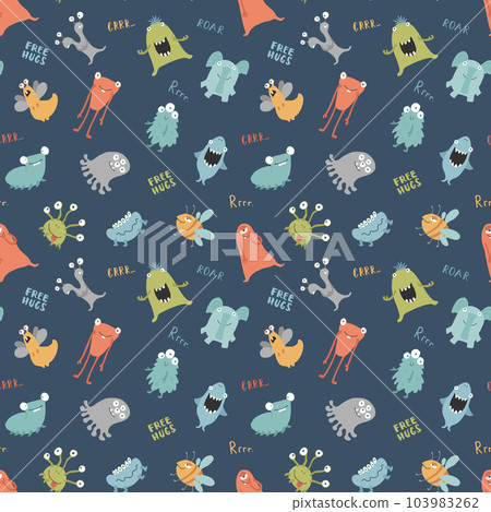Cute monsters seamless pattern. Cartoon monsters background. Vector illustration 103983262