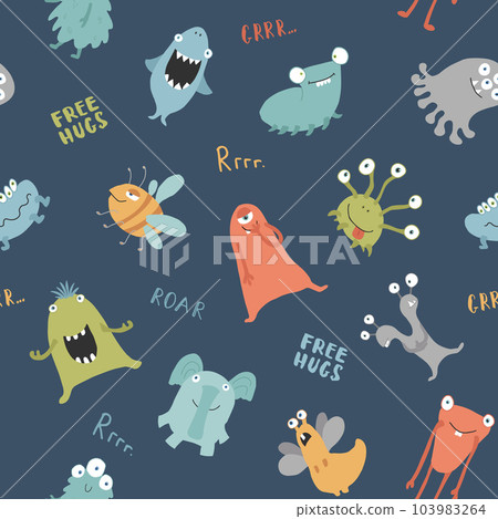 Cute monsters seamless pattern. Cartoon monsters background. Vector illustration 103983264