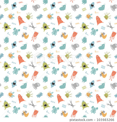 Cute monsters seamless pattern. Cartoon monsters background. Vector illustration 103983266