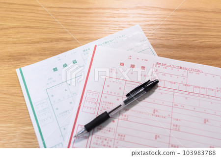 Marriage registration, divorce registration and ballpoint pen documents 103983788