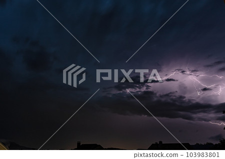 Flashes of lightning over a small cottage village in a mountainous area 103983801