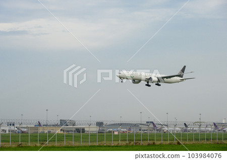 Star Alliance(EVA Air) Plane landing to runways at suvarnabhumi international airport in Bangkok ,Thailand. This airport is one of the most populated airports in the world. 103984076