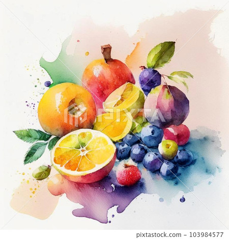 Assortment of colorful fresh fruits in watercolor style. Assortment of colorful fresh fruits in watercolor style. 103984577