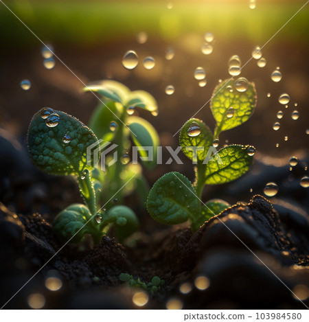 Growth plants concept in the nature morning light on green background. 103984580