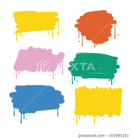 Colorful Stencil urban graffiti spray set isolated on white background. Vector sprayed paint shapes with smudges and drops. Grafitti template with splashes with flowing lines of paint. Colorful Stencil urban graffiti spray set isolated on white background. Vector sprayed paint shapes with smudges and drops. Grafitti template with splashes with flowing lines of paint. 103985281