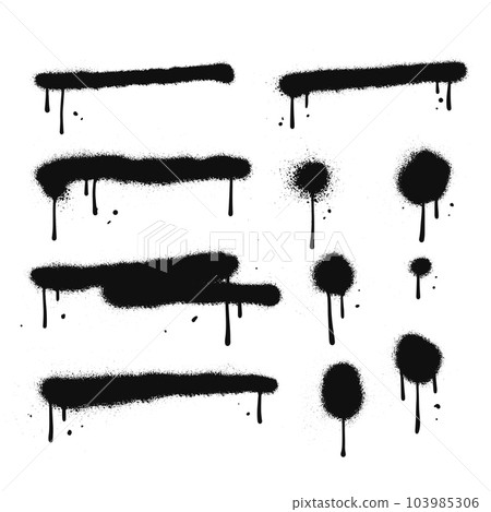 Set of Spray painted lines and grunge dots. Paint splatter circle shapes, urban graffiti drawing strokes, dirty street art texture. Black dot print, splattered line collection. Abstract vector design. 103985306