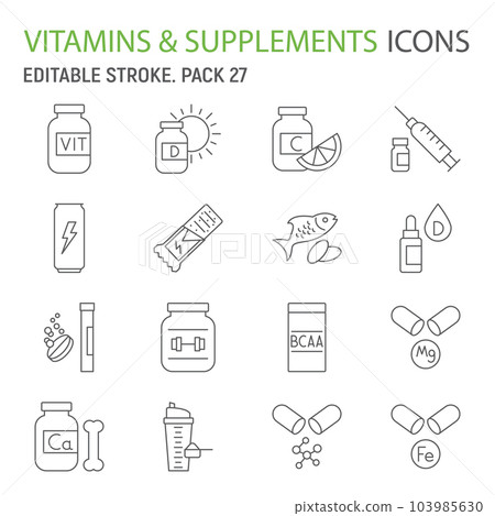 Vitamins and supplements line icon set 103985630