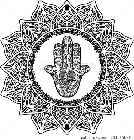 Ornate pattern in circle with indian hand drawn hamsa and mandala. 103985686