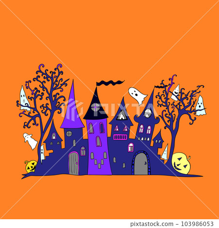 Happy halloween background with haunted house and cute ghosts. Vector illustration for advertisement, card, flyer, poster. Happy halloween background with haunted house and cute ghosts. Vector illustration for advertisement, card, flyer, poster. 103986053