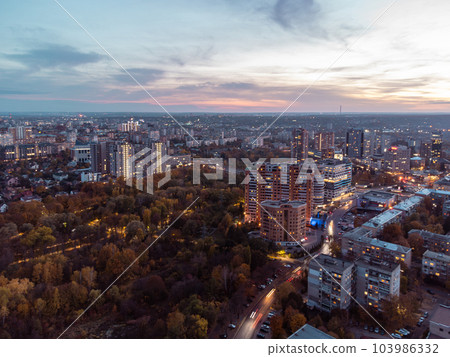 Aerial city view at sunset, Kharkiv center streets Aerial city view at sunset, Kharkiv center streets 103986332