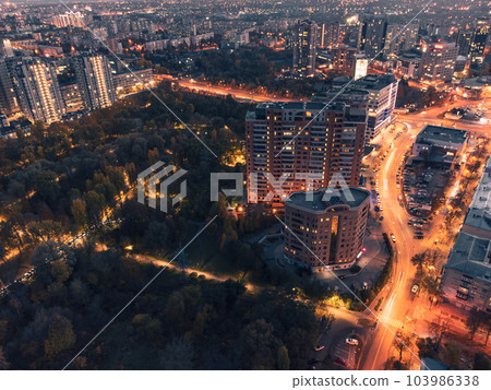Aerial illuminated city and park, Kharkiv streets 103986338
