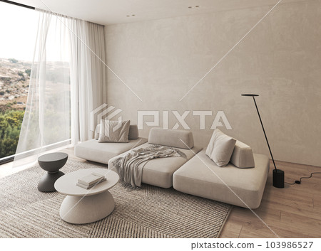 Modern style conceptual apartment interior livingroom. Large window with curtain and panoramic view. 3d rendering. High quality 3d illustration Modern style conceptual apartment interior livingroom. Large window with curtain and panoramic view. 3d rendering. High quality 3d illustration 103986527