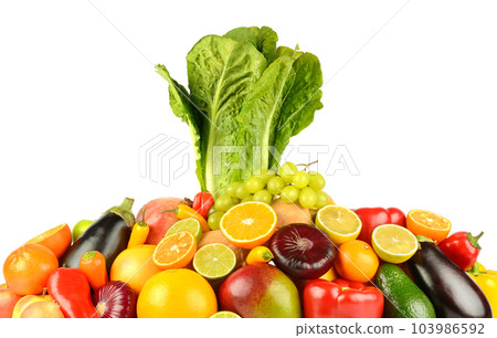 Bright fresh fruits, vegetables and berries isolated on white 103986592