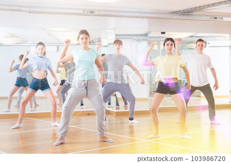 Diligent friendly smiling teenagers learn dance movements Diligent friendly smiling teenagers learn dance movements 103986720