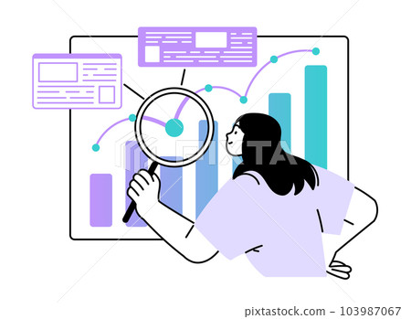 Woman with a magnifying glass examines the data Woman with a magnifying glass examines the data 103987067