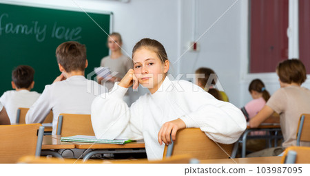 Bored teenage girl looking at camera during lesson 103987095